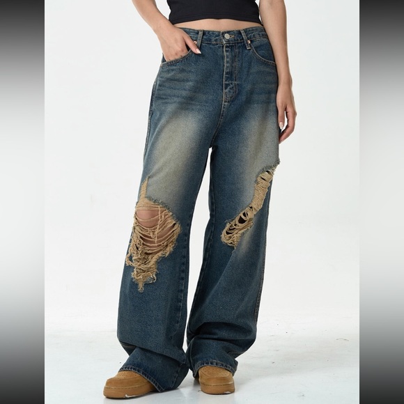 Vintage washed distressed ripped wide leg baggy jeans - Picture 3 of 5
